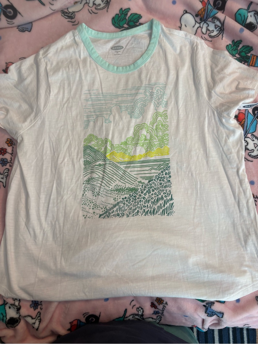 Old Navy White Crewneck Tee with Mint Trim and Green-Yellow Landscape Print